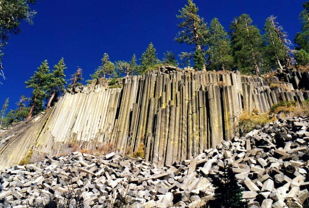 Vertical basalt columns in a forested area under a clear blue sky.