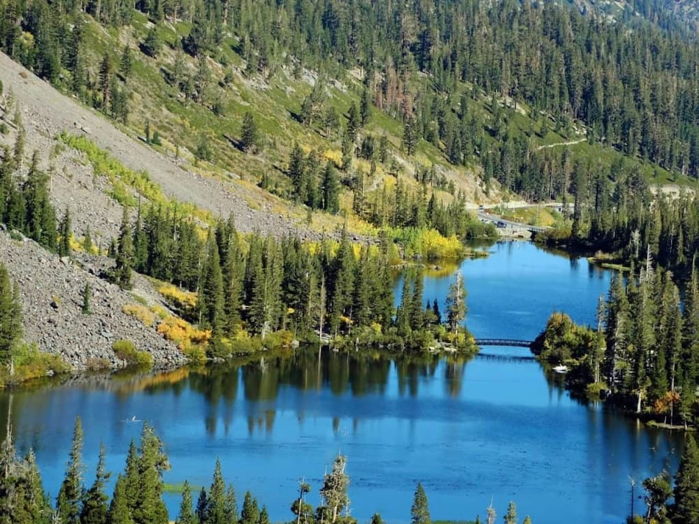 Serene mountain lake surrounded by lush pine trees and vibrant fall foliage, scenic outdoor wilderness landscape.