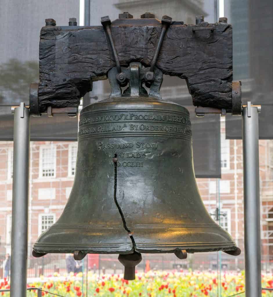 Bell sculpture at Independence Hall, historic landmark, Philadelphia, American Revolution, Liberty Bell replica.