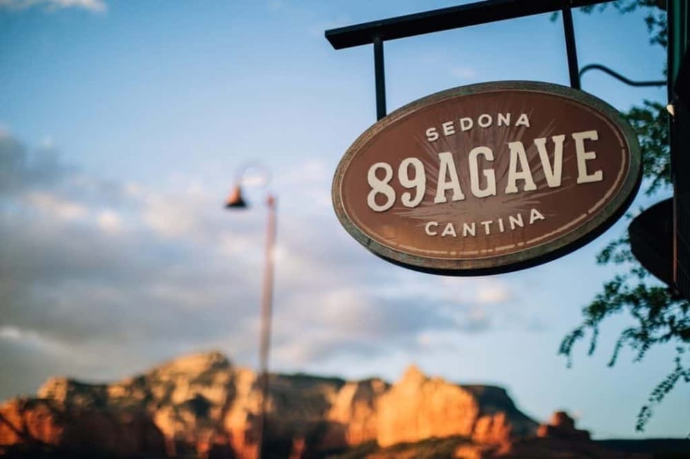 Sedona 89 Agave Cantina sign, Arizona outdoor dining and Mexican cuisine.