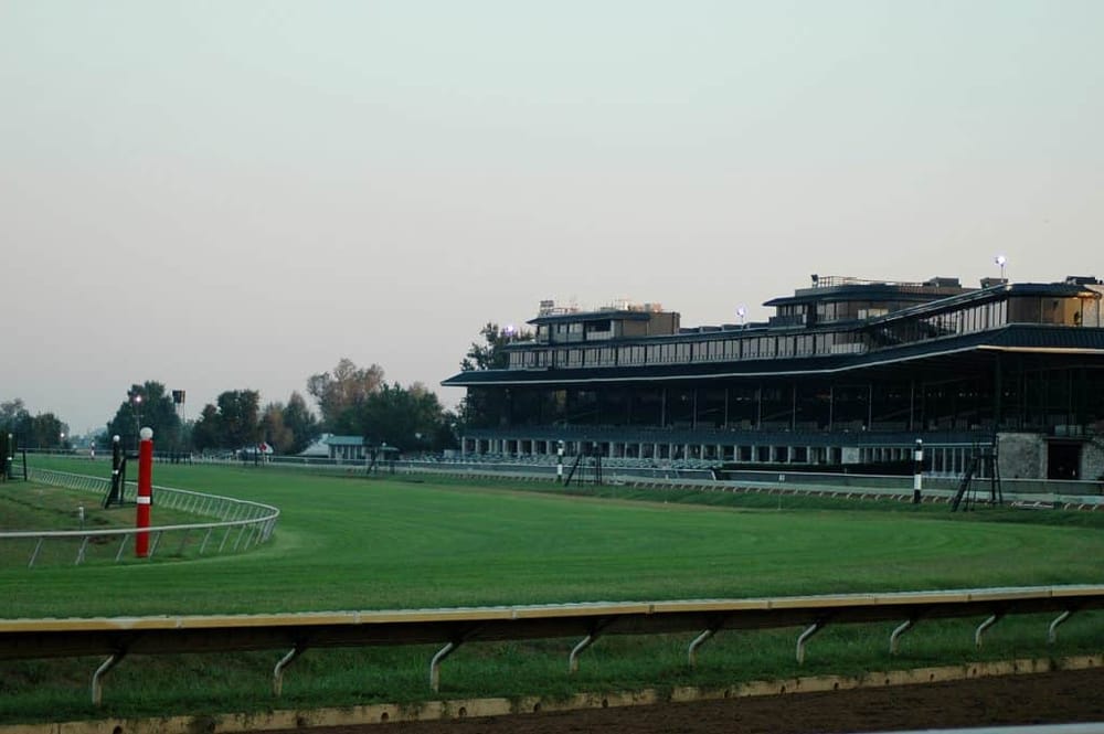 Spacious horse racing track with grandstand and green infield at QuestForDirections venue.