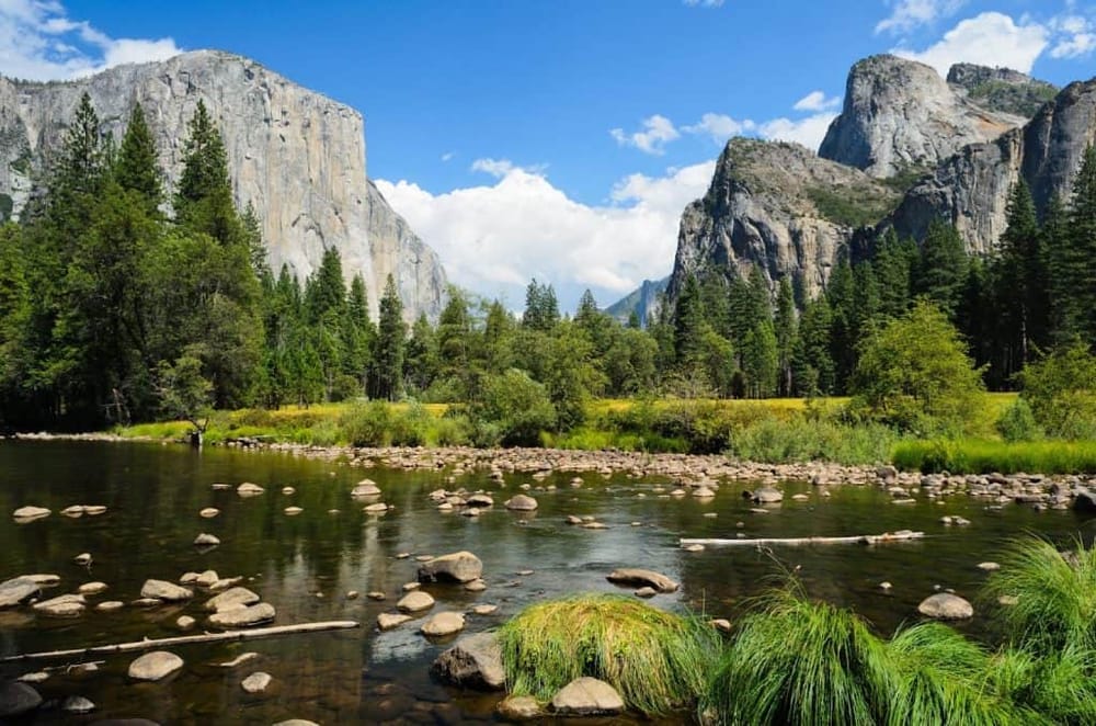 Serene landscape view of Yosemite National Park with towering granite cliffs, lush greenery, and a calm river under a blue sky.
