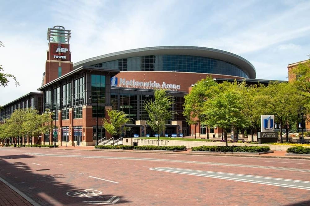 Modern Nationwide Arena in downtown Columbus, Ohio, showcasing urban architecture and event spaces.