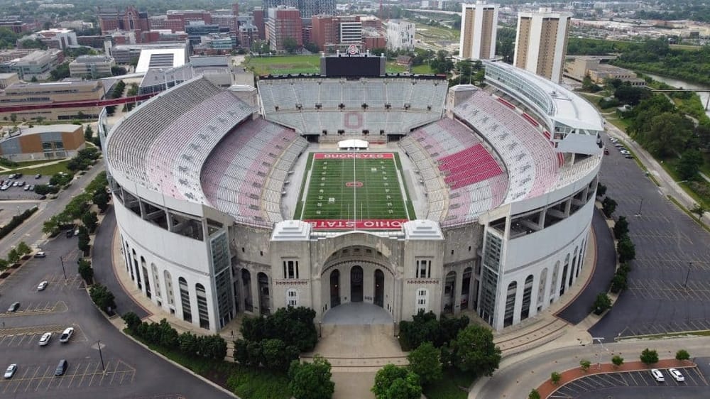 Historic Ohio Stadium aerial view in Columbus, Ohio, home to Ohio State Buckeyes football games and events.