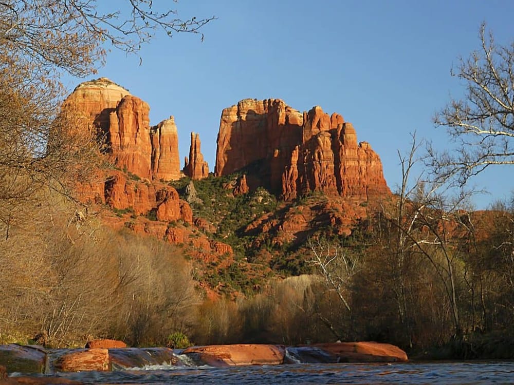 Majestic red rock formations at Cathedral Rock in Sedona, Arizona, perfect for scenic travel destinations.