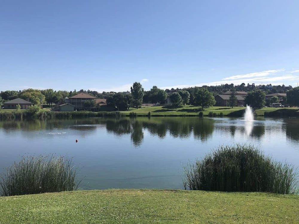 Serene neighborhood pond with fountain, surrounded by houses and lush green trees. Perfect for relaxing and enjoying nature.