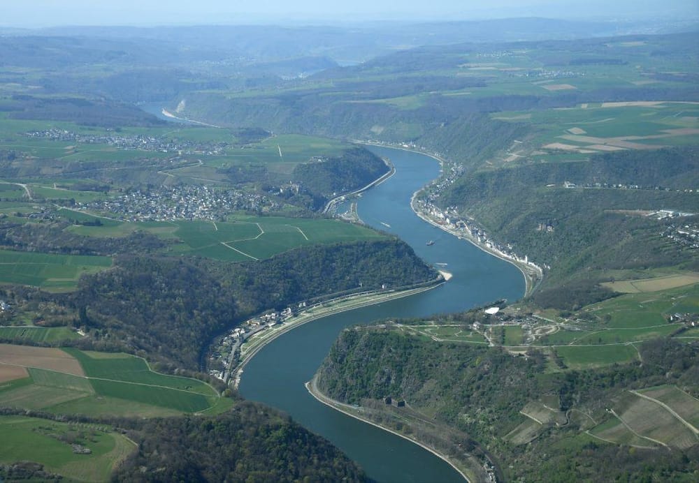 Vineyard along the winding Rhine River in Germany, scenic landscape, lush greenery, riverside town.