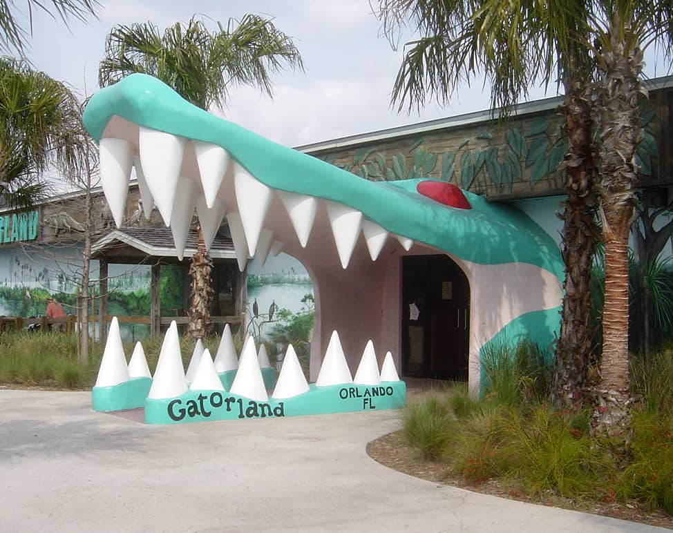 Colorful crocodile-themed attraction entrance at Gatorland Orlando FL for family fun and wildlife adventure.