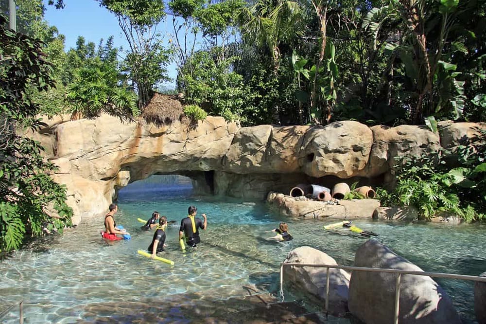 Vacation water park with natural rock waterfall, lush tropical greenery, and swimming pools for family fun.