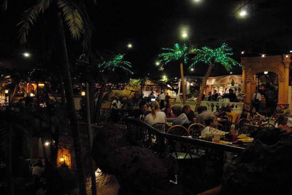 Colorfully illuminated indoor restaurant with tropical decor, palm trees, and lively dining atmosphere.