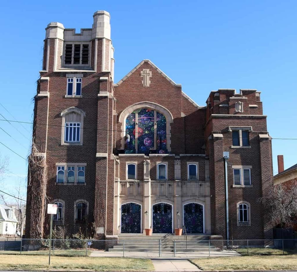 Colorful stained glass windows at historic church building.