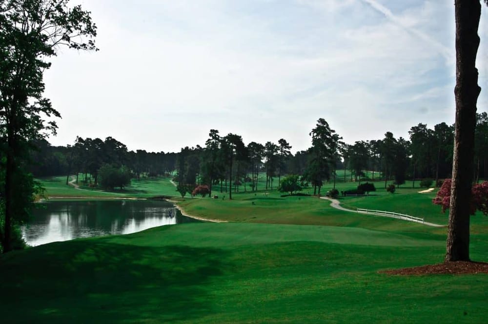 Serene golf course with lush green fairways, water hazard, and tall trees, ideal for outdoor adventure and relaxation.