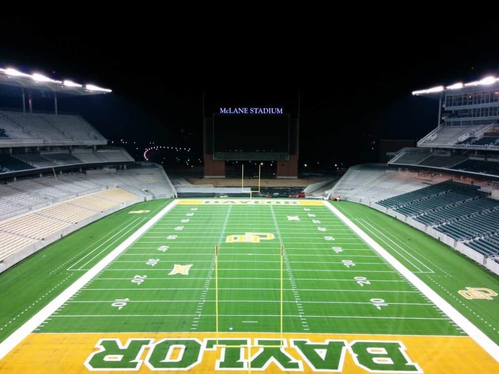 Stadium night view of Oklahoma State Cowboys football field at McLane Stadium.