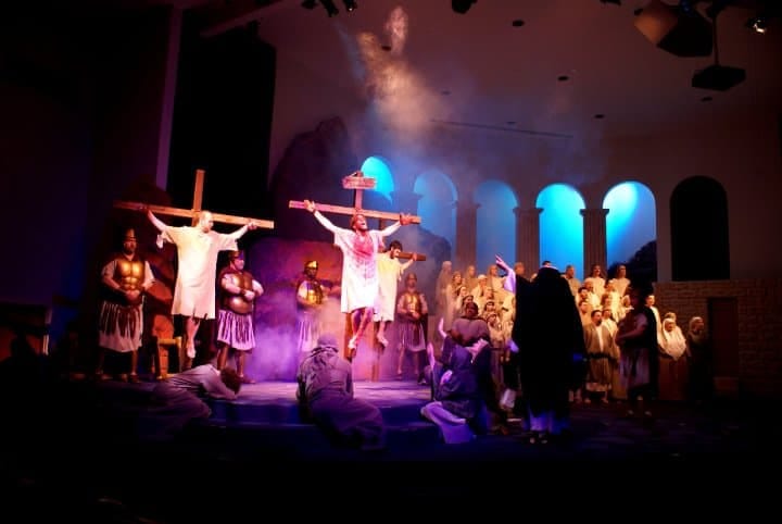 1. Performers reenacting the crucifixion scene from Jesus Christ Christian Passion Play.