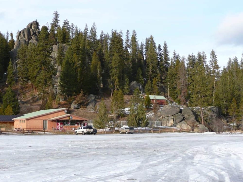 Snow-covered landscape with a mountain lodge and tall pine trees in the background.