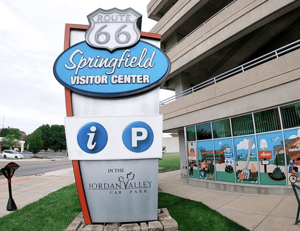 Route 66 Springfield visitor center with parking and info icons in Jordan Valley Car Park.