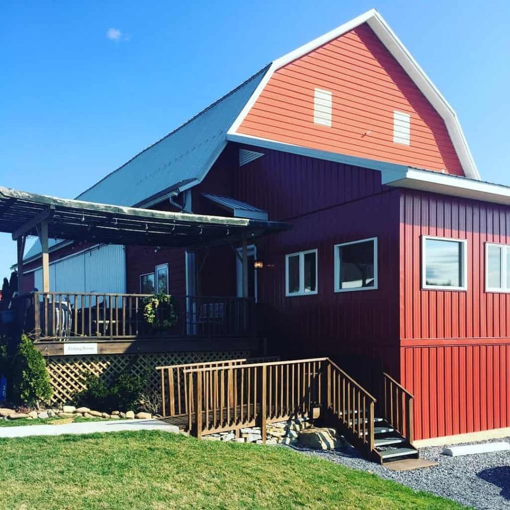 Colorful barn-style building with a wooden exterior under a clear blue sky.