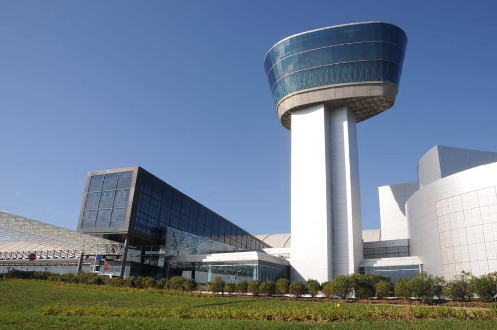 Modern airport control tower building at Dallas/Fort Worth International Airport.