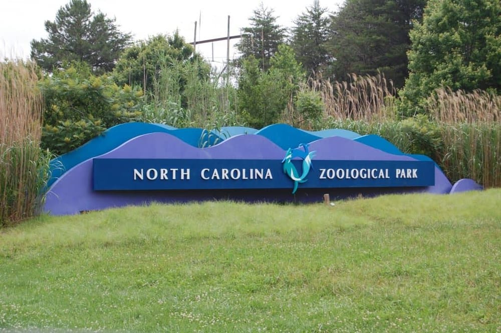 Colorful North Carolina Zoo entrance sign with lush greenery and trees, welcoming visitors to the zoo.