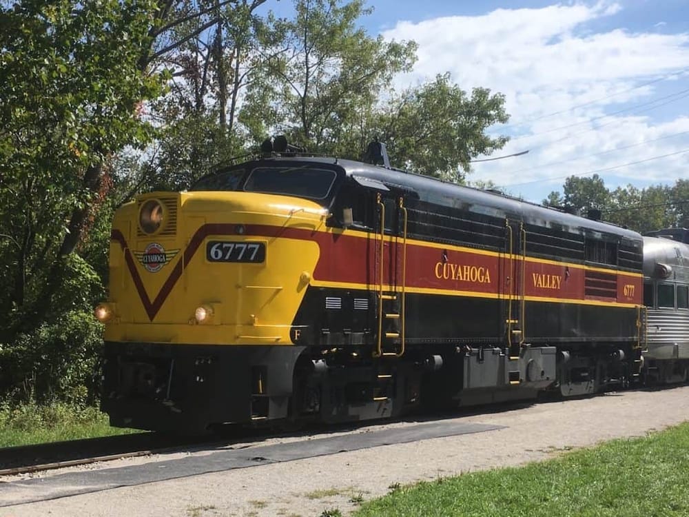 Vintage Cuyahoga Valley Railroad train in Ohio, highlighting scenic train travel and attractions.