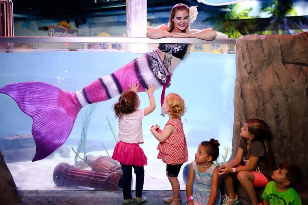 Colorful mermaid with children at an indoor aquarium exhibit, marine life, family fun, underwater adventure, QuestForDirections.