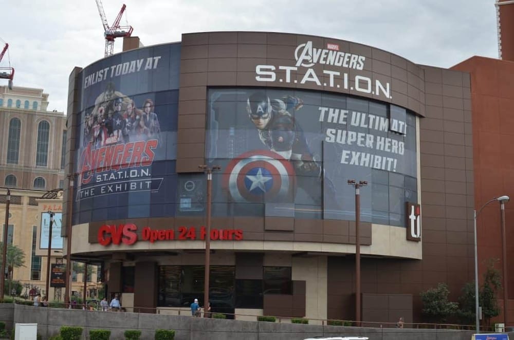 Avengers S.T.A.T.I.O.N. exhibit at Caesar’s Palace in Las Vegas featuring Captain America and Marvel superheroes.