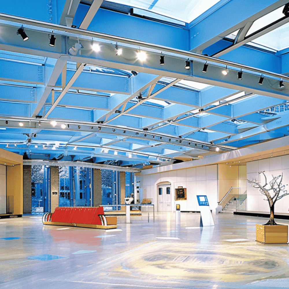 Spacious modern lobby with high glass ceiling, ample lighting, and contemporary decor, ideal for navigation and directions.