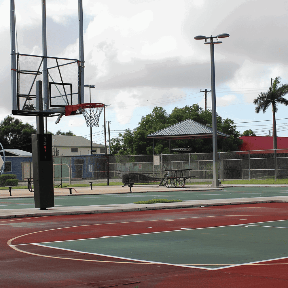 Outdoor basketball court, sports facility, recreational area, community sports court, QuestForDirections.