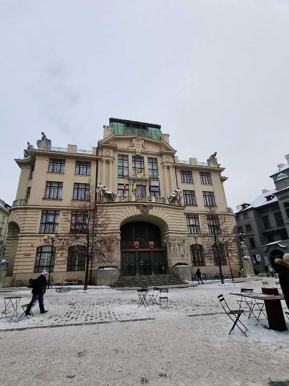 Elegant European-style building with historic architecture and flags, in a snowy urban setting.