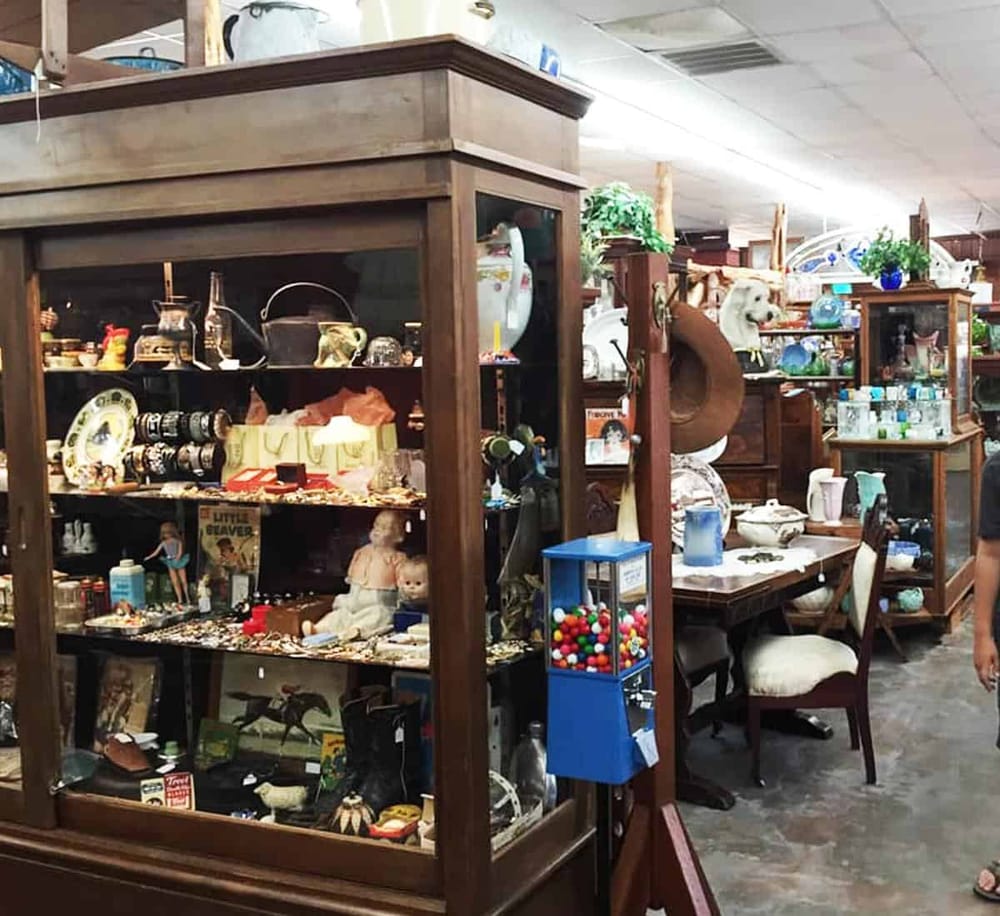 Vintage thrift store with antique collectible displays and wooden furniture.