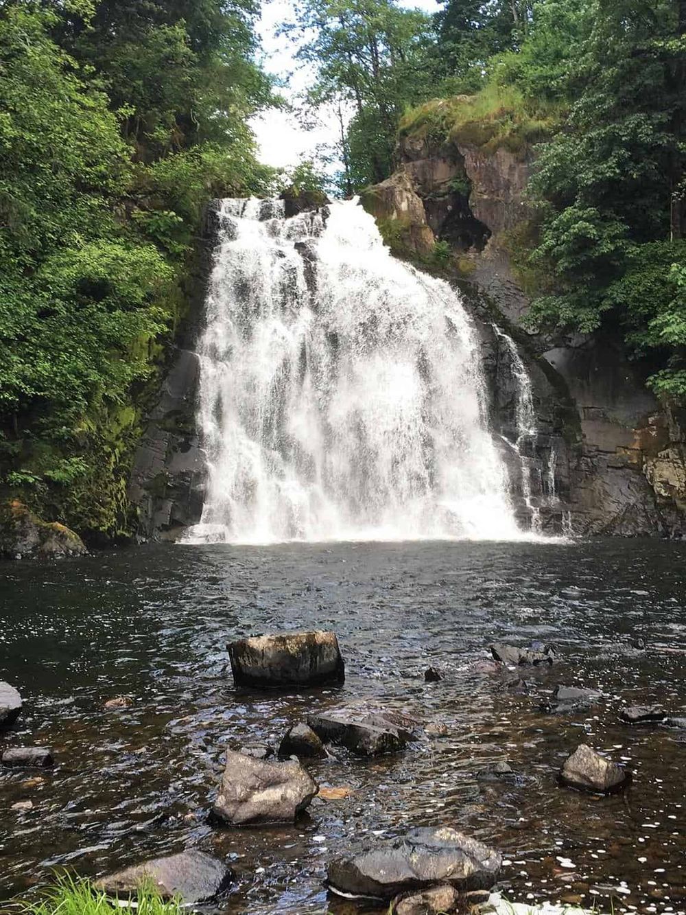 Breathtaking waterfall surrounded by lush green trees, ideal for nature adventure and scenic hikes.