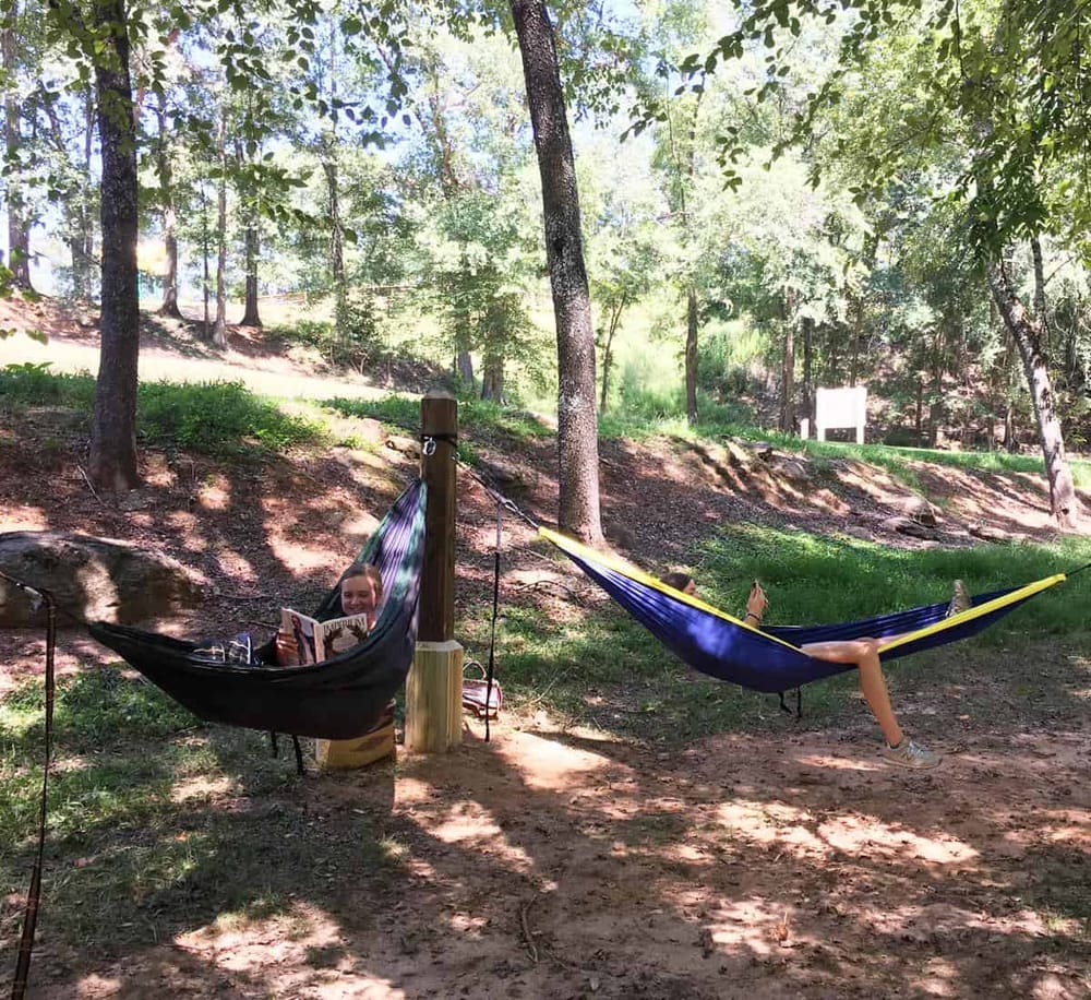 Relaxing hammock in a peaceful forest setting for outdoor relaxation and nature enjoyment.