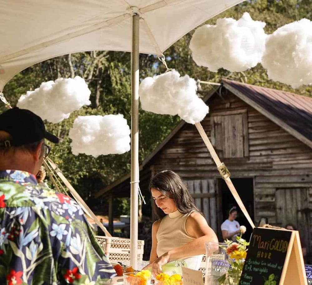 Colorful outdoor market stall selling fresh produce under a white patio umbrella with hanging cotton cloud decorations.