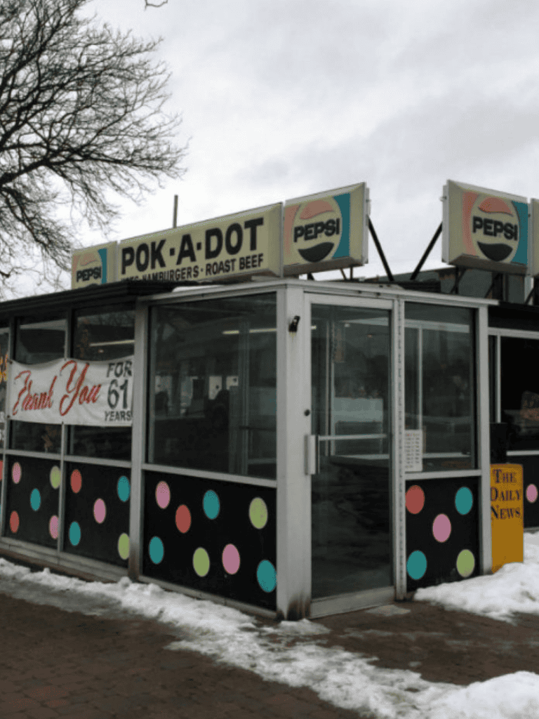 Pok-A-Dot diner in Maine offering classic burgers and roast beef, celebrating over 61 years of friendly service.