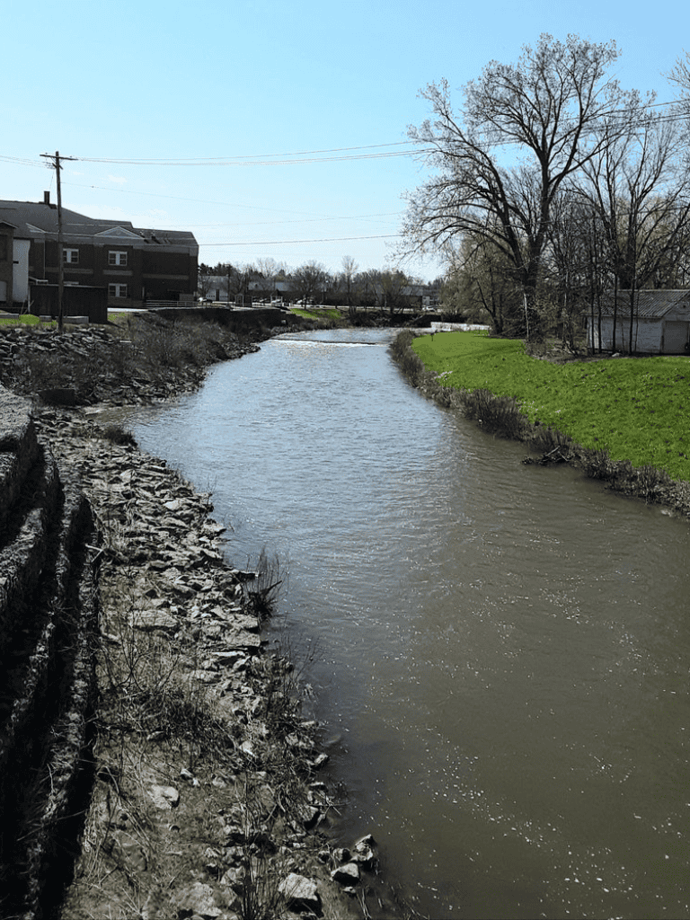 Calm river flowing through residential neighborhood with trees and houses in the background.