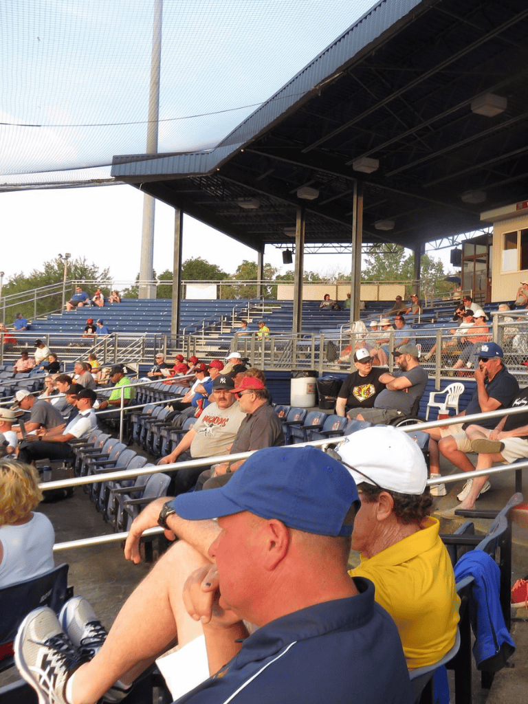 Seats at outdoor arena for baseball game with many spectators, some wearing caps and sunglasses.
