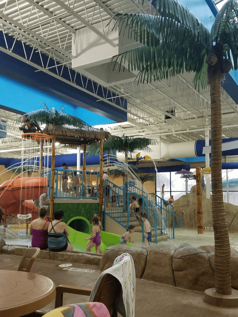 Indoor water park with tropical decor and water slides, ideal for family fun and aquatic adventures.