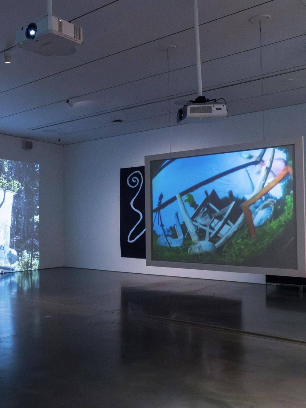 Abstract digital art exhibit displayed on large screens with interactive projectors.