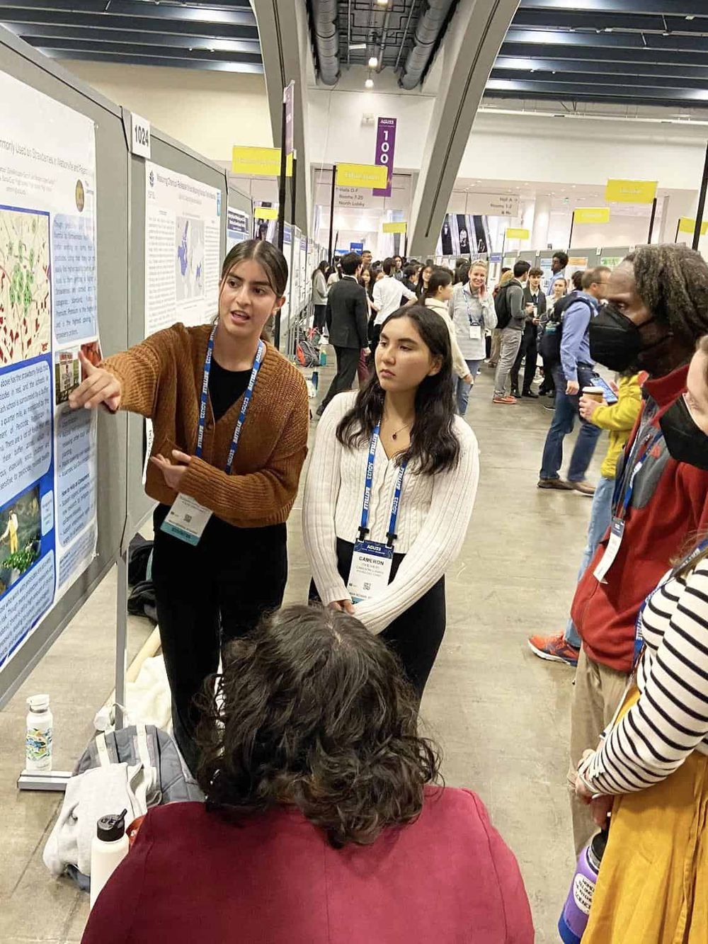 Innovative research presentation at conference, diverse attendees exploring scientific posters, networking at QuestForDirections event.