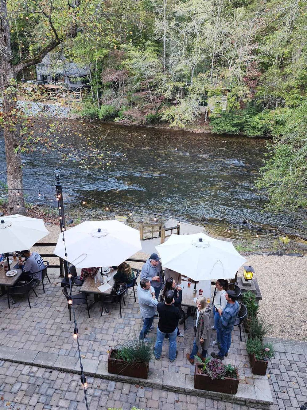 Outdoor riverfront dining overlooking a scenic creek with string lights and umbrellas.
