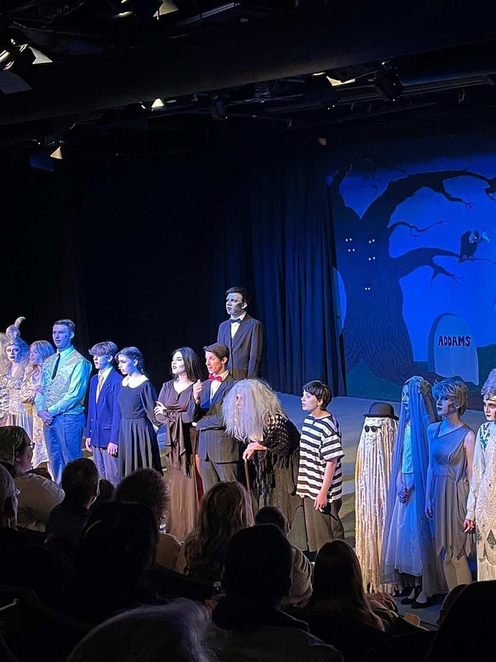 Vibrant cast of characters on stage during a theatrical performance, with dramatic lighting and dark backdrop.