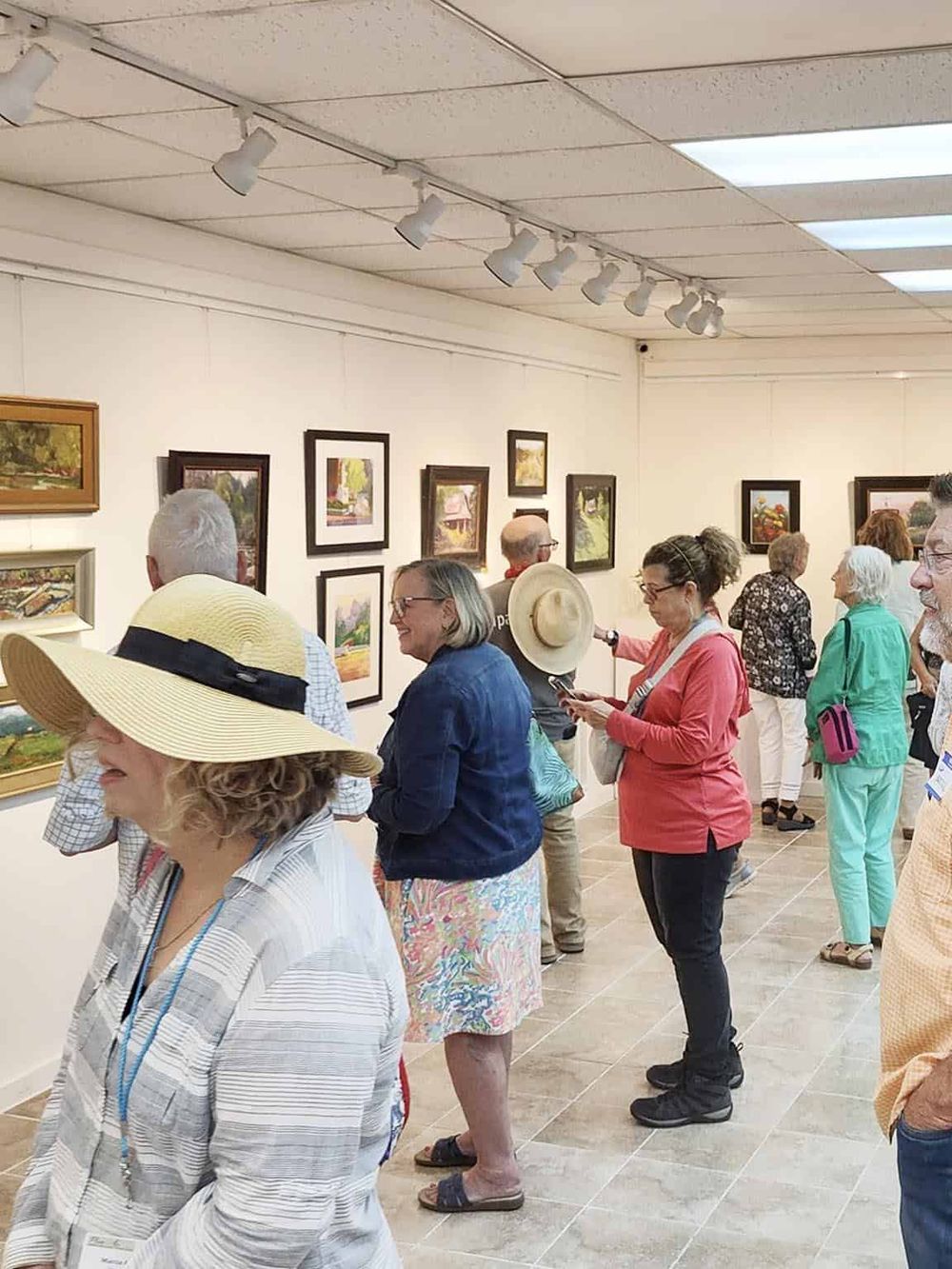 Colorful art gallery tour with diverse group of seniors exploring landscape paintings.