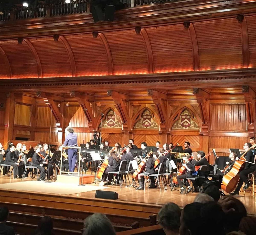 Orchestra performance in a grand wooden concert hall with warm lighting.