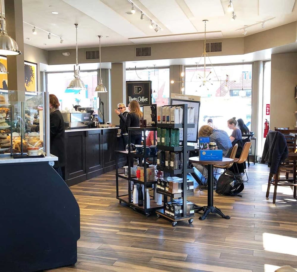 Cozy coffee shop interior at QuestForDirections with customers enjoying drinks and working. Modern decor, natural light, and inviting atmosphere.