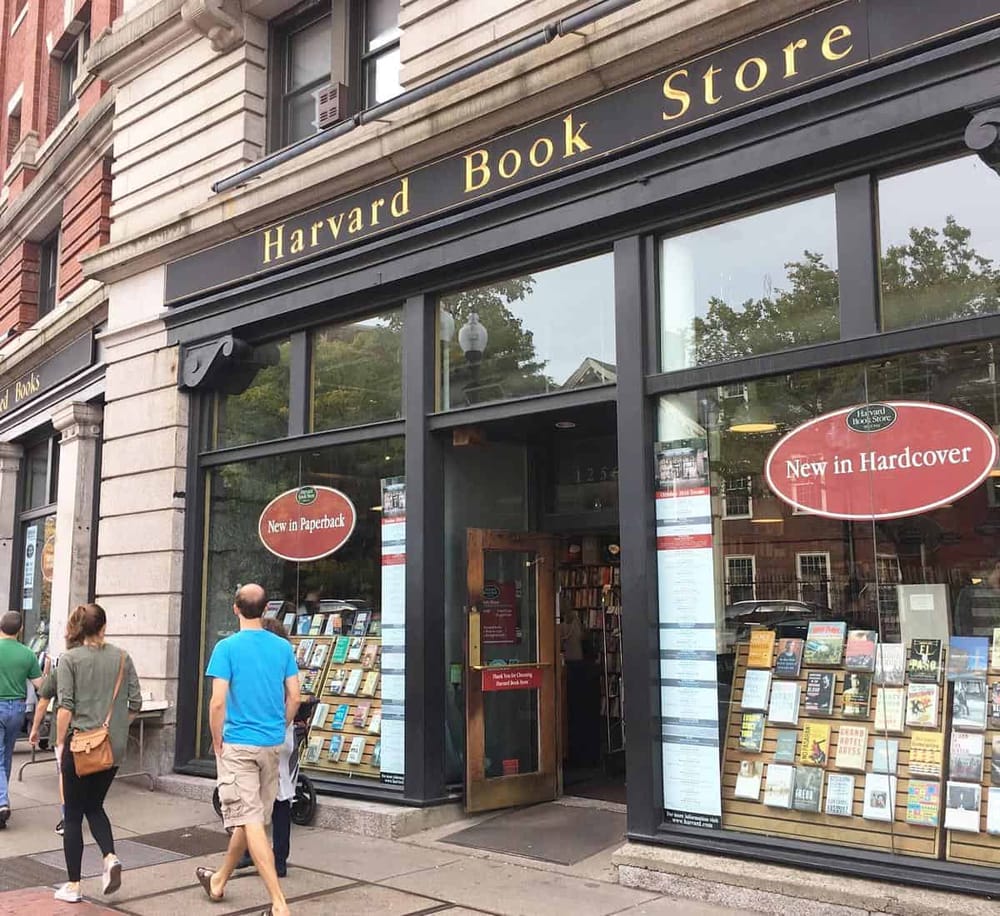1. Exterior of Harvard Book Store in Boston, with customers walking by.