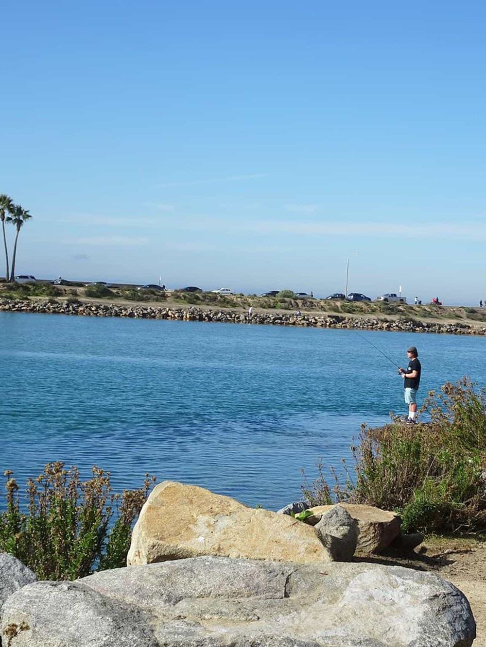 Fishing by the shoreline at QuestForDirections scenic location in California.