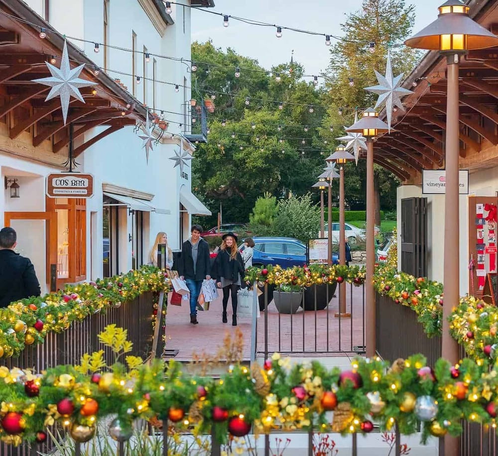 Charming outdoor shopping area decorated for the holidays with festive lights and ornaments, featuring boutique shops and visitors enjoying a seasonal stroll.