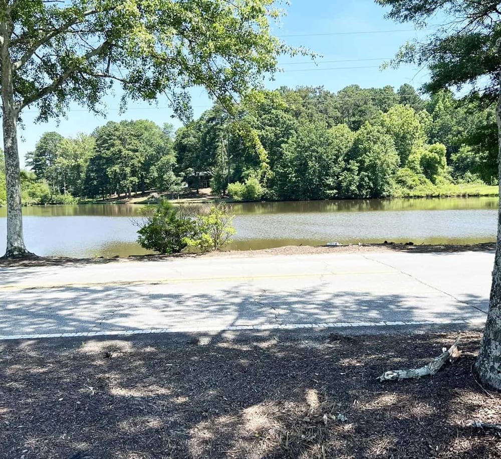 Tranquil lake surrounded by lush green trees, ideal for outdoor exploration and scenic views.