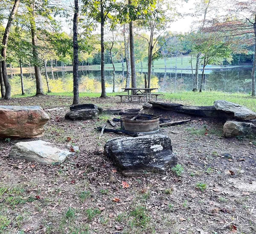 Peaceful lakeside camping spot with fire pit and picnic table in a wooded area.