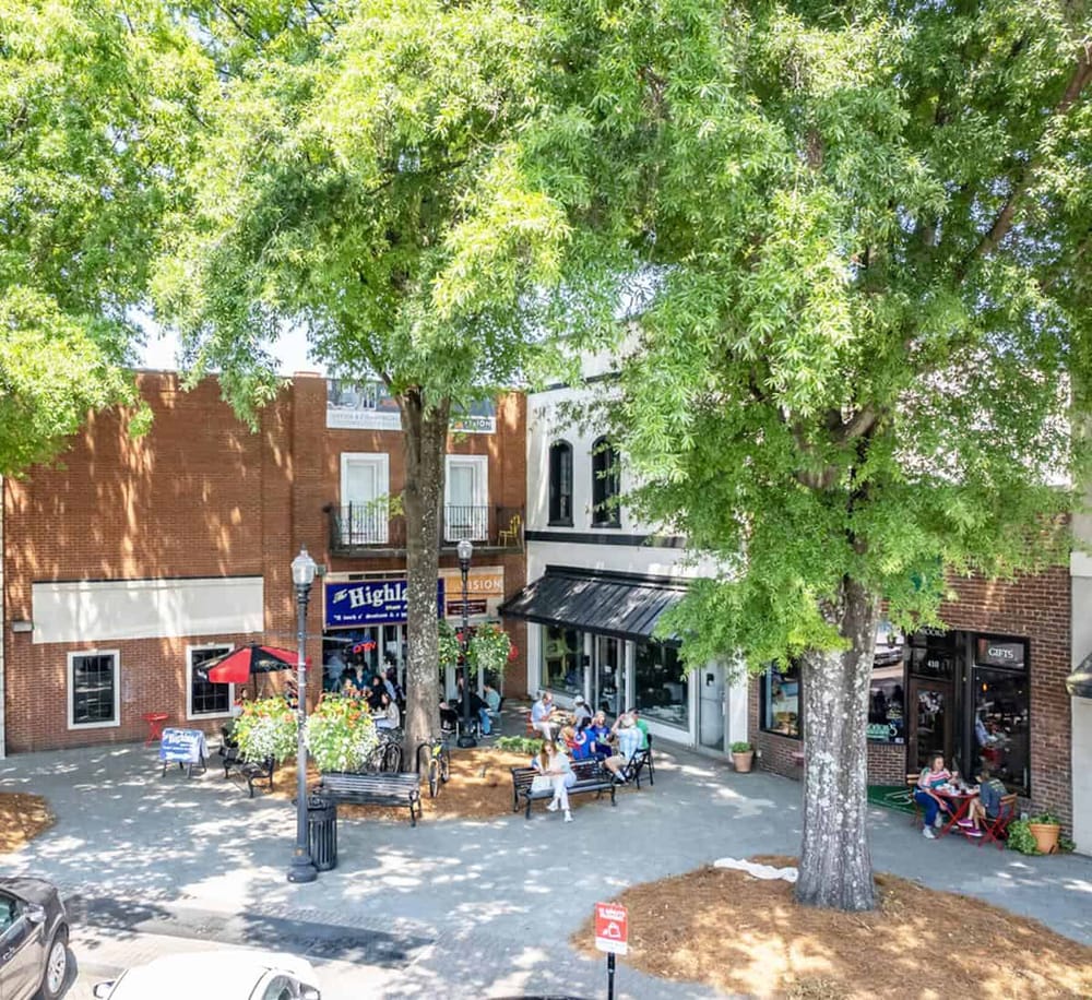 Busy downtown street with outdoor seating, large trees, and local businesses.